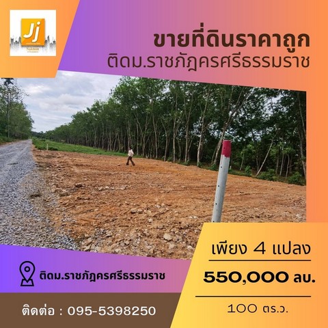 ขายที่ดินหน้าราชภัฏนครศรีธรรมราช  100 ตารางวา โฉนดพร้อมโอน ตำบลท่างิ้ว อำเภอเมืองนครศรีธรรมราช นครศรีธรรมราช