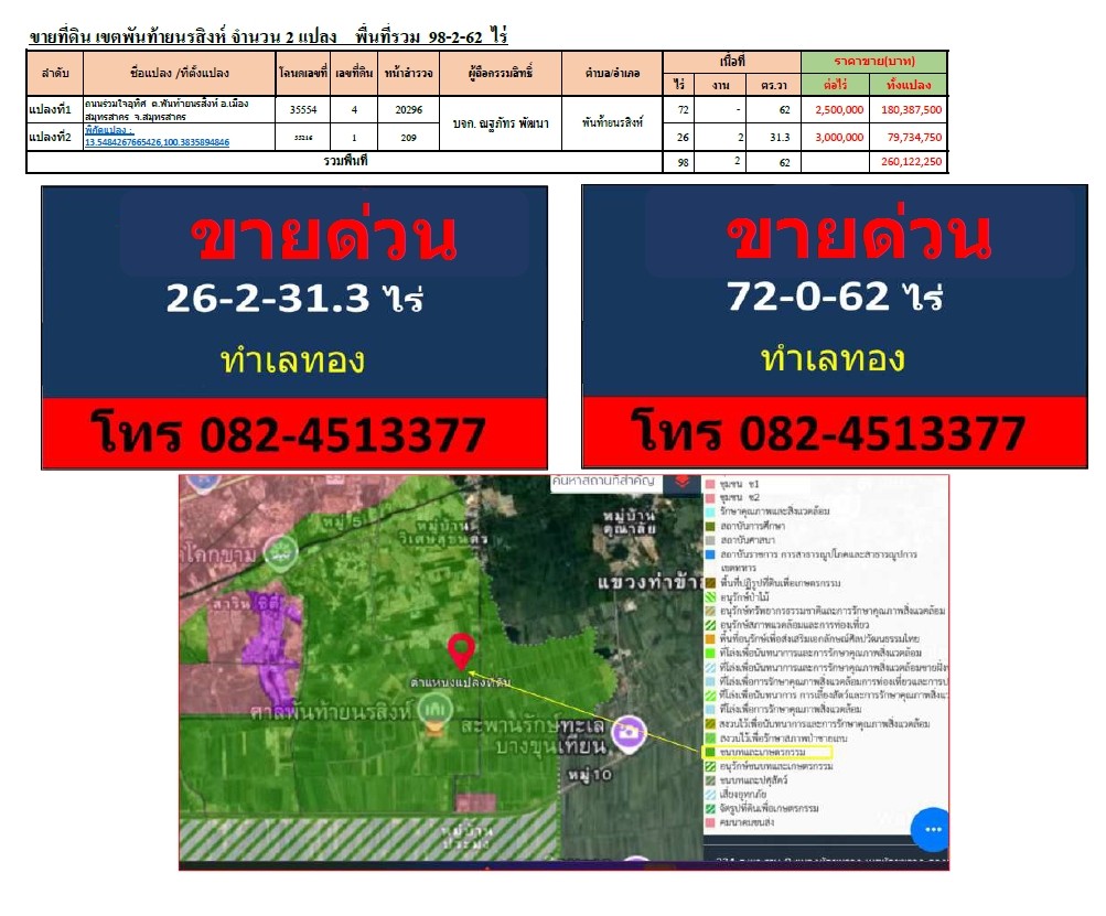 ขายที่ดิน ขนาดพื้นที่ดิน 98 ไร่ 2 งาน 62 ตารางวา จังหวัดสมุทรสาคร