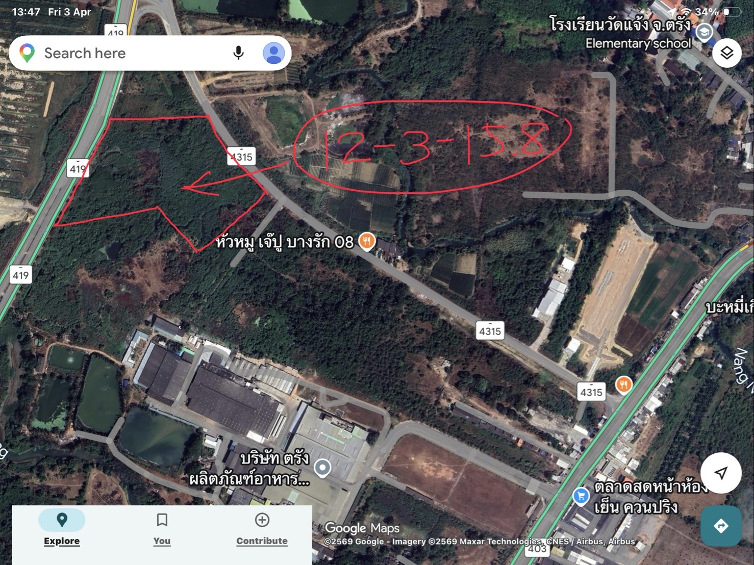 ขายที่ดินเปขายที่ดินเปล่าติดถนนเลี่ยงเมืองตรังด้านใต้ฝั่งตะวันตก  จังหวัดตรัง 